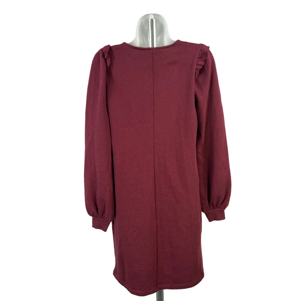 Nine West Women's Burgundy Fleece V Neck Long Sleeve Mini Sweater Dress - S